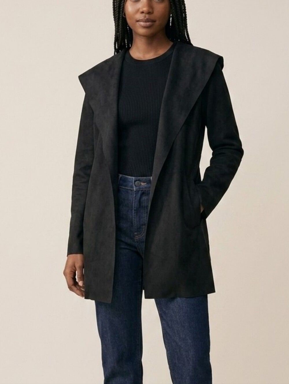 Zara Basic Black Faux Suede Open Front Hood Classic Jacket Size medium
